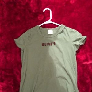 Dark matcha green t shirt with brown lettering